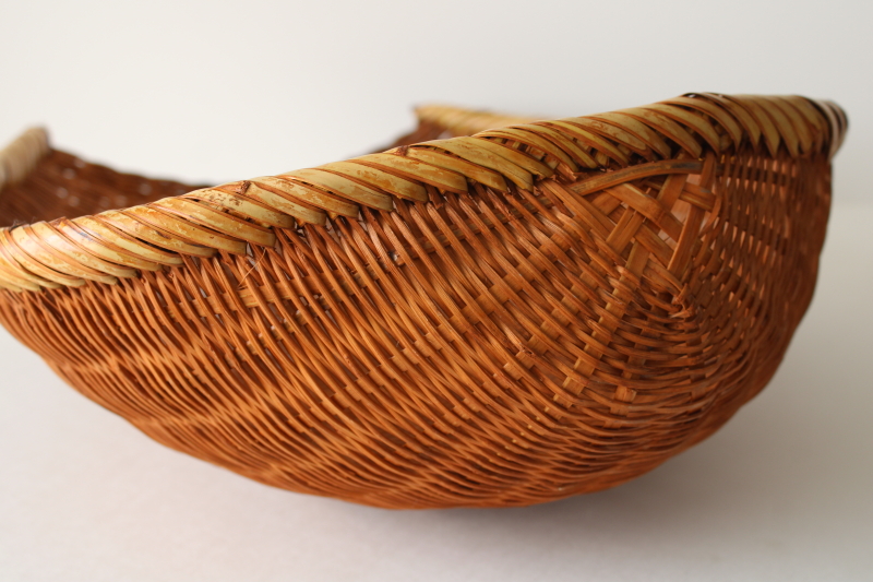 photo of vintage winnowing basket woven bamboo, large open scoop shape basket handmade #3