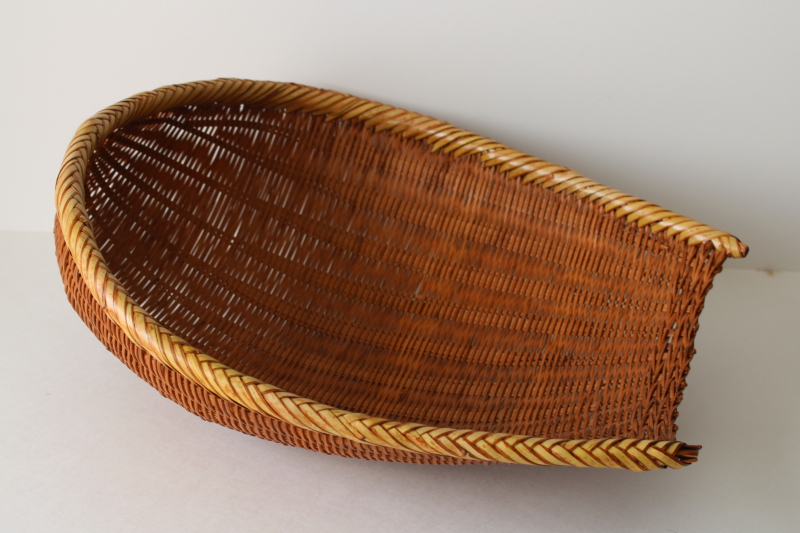 photo of vintage winnowing basket woven bamboo, large open scoop shape basket handmade #6