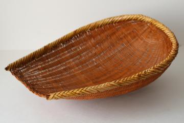 vintage winnowing basket woven bamboo, large open scoop shape basket handmade 