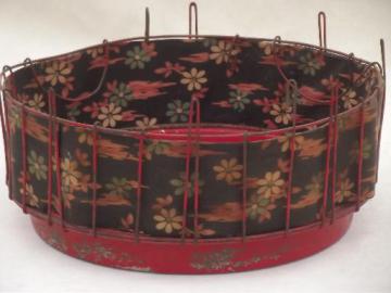 catalog photo of vintage wire basket bird cage stand w/ old red paint & shabby flowered fabric