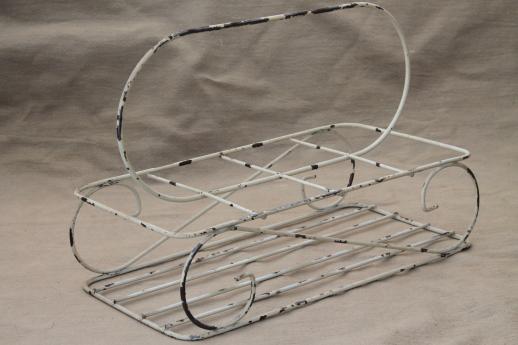 photo of vintage wire basket for jelly glasses, jars or bottles, shabby white wirework carrier rack #1