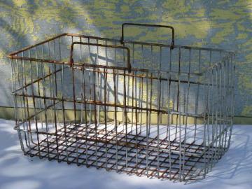 catalog photo of vintage wire bin w/ handles, old dairy bottle carrier basket, kitchen / pantry storage