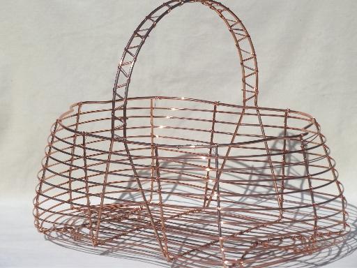 photo of vintage wire gathering basket, copper colored wirework harvest basket #1