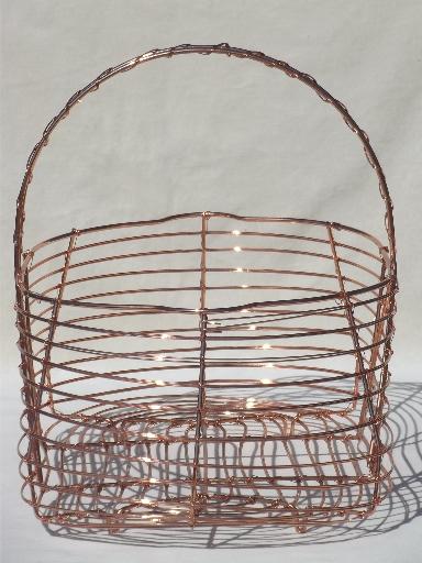 photo of vintage wire gathering basket, copper colored wirework harvest basket #2