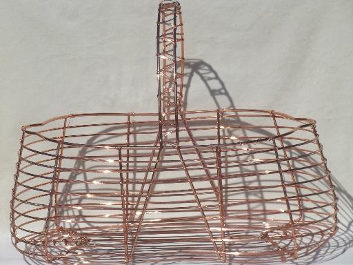 photo of vintage wire gathering basket, copper colored wirework harvest basket #3