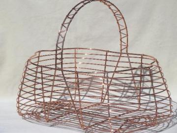 catalog photo of vintage wire gathering basket, copper colored wirework harvest basket