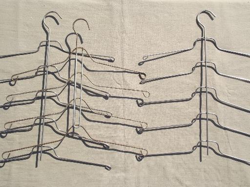 photo of vintage wire hangers, old metal clothes rack hangers w/ stacking arms #1