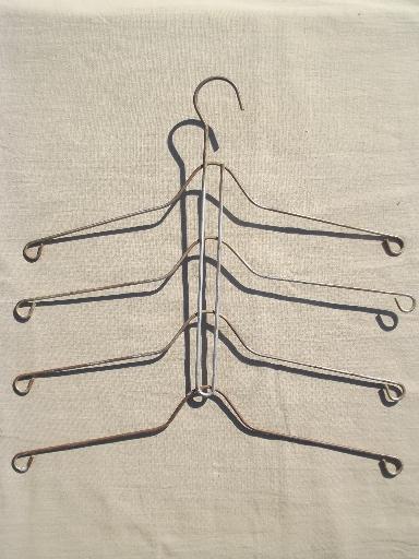 photo of vintage wire hangers, old metal clothes rack hangers w/ stacking arms #3