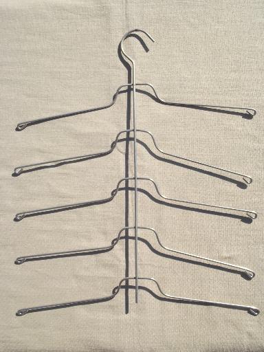 photo of vintage wire hangers, old metal clothes rack hangers w/ stacking arms #4