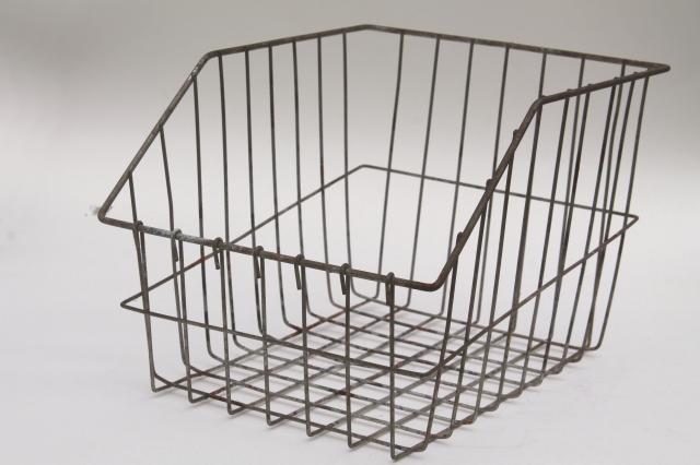 photo of vintage wire locker basket, industrial style shop display bin w/ open front #1