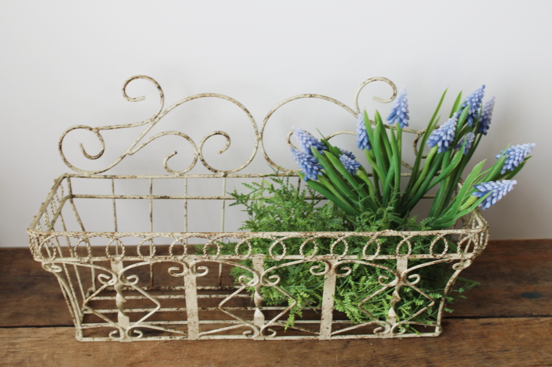 photo of vintage wire wall hanging basket or window box flower planter shabby white french country garden  #5