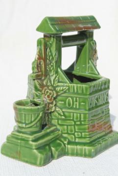 catalog photo of vintage wishing well pottery planter pot, St Patrick's Day lucky green