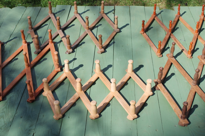 photo of vintage wood accordion racks lot of five adjustable hanging wall mount pegs for displays, mug or coat hangers  #1