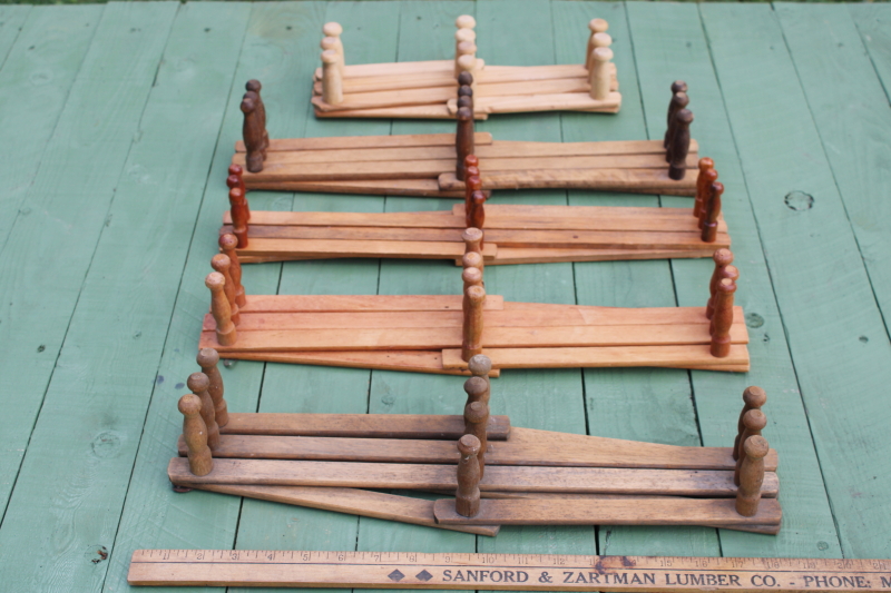 photo of vintage wood accordion racks lot of five adjustable hanging wall mount pegs for displays, mug or coat hangers  #4