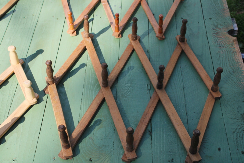 photo of vintage wood accordion racks lot of five adjustable hanging wall mount pegs for displays, mug or coat hangers  #7