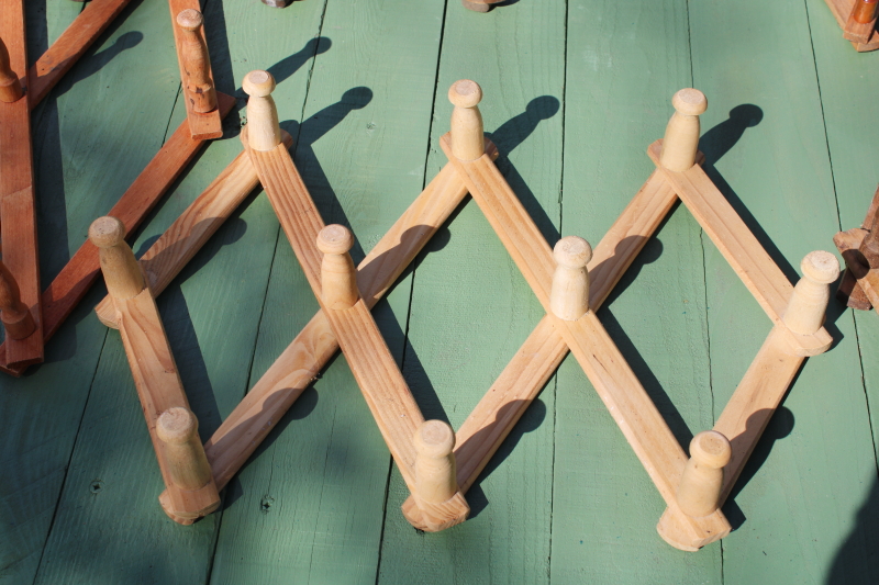 photo of vintage wood accordion racks lot of five adjustable hanging wall mount pegs for displays, mug or coat hangers  #8