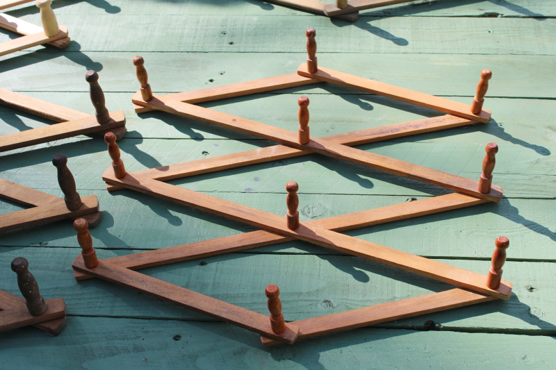 photo of vintage wood accordion racks lot of five adjustable hanging wall mount pegs for displays, mug or coat hangers  #11