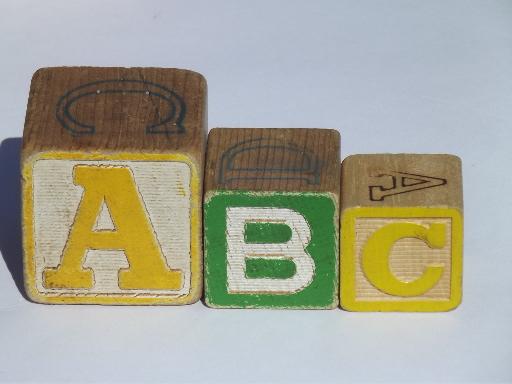 photo of vintage wood alphabet blocks, antique & newer wooden ABC letter block lot #2