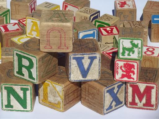 photo of vintage wood alphabet blocks, antique & newer wooden ABC letter block lot #3
