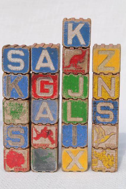 photo of vintage wood alphabet blocks, lot primitive worn old children's letter blocks spelling toy #2