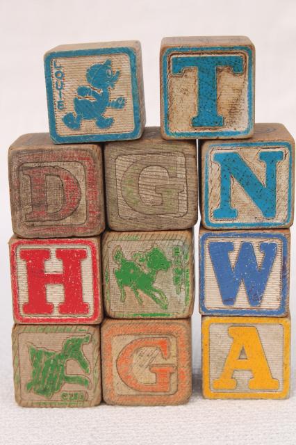 photo of vintage wood alphabet blocks, lot primitive worn old children's letter blocks spelling toy #4