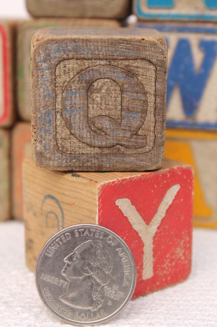 photo of vintage wood alphabet blocks, lot primitive worn old children's letter blocks spelling toy #5