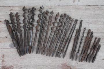 catalog photo of vintage wood auger bits, lot of assorted brace & bit drills, old tools