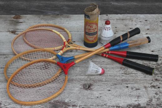 photo of vintage wood badminton racquets, lot of shabby old rackets & shuttlecocks #1