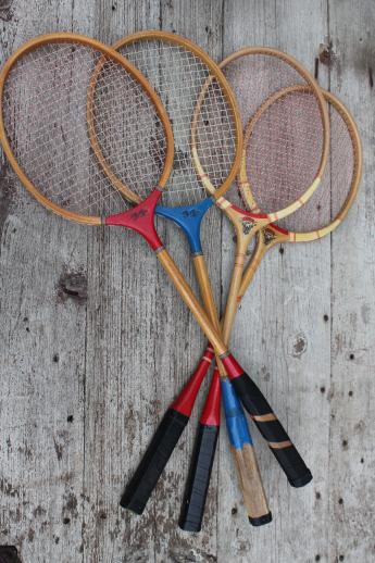 photo of vintage wood badminton racquets, lot of shabby old rackets & shuttlecocks #3