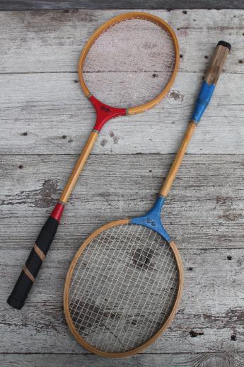 photo of vintage wood badminton racquets, lot of shabby old rackets & shuttlecocks #4