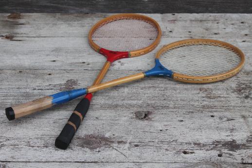 photo of vintage wood badminton racquets, lot of shabby old rackets & shuttlecocks #5