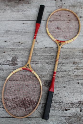 photo of vintage wood badminton racquets, lot of shabby old rackets & shuttlecocks #7