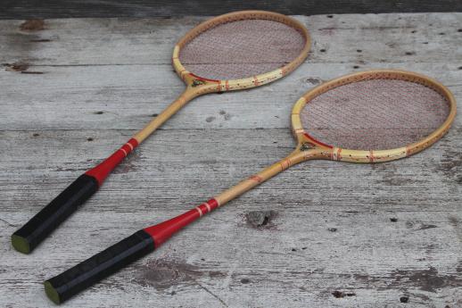 photo of vintage wood badminton racquets, lot of shabby old rackets & shuttlecocks #9