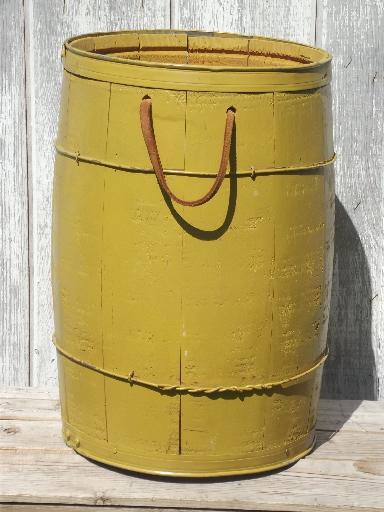 photo of vintage  wood barrel, wooden nail keg in primitive old mustard paint #2