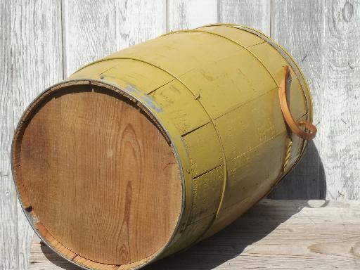 photo of vintage  wood barrel, wooden nail keg in primitive old mustard paint #4