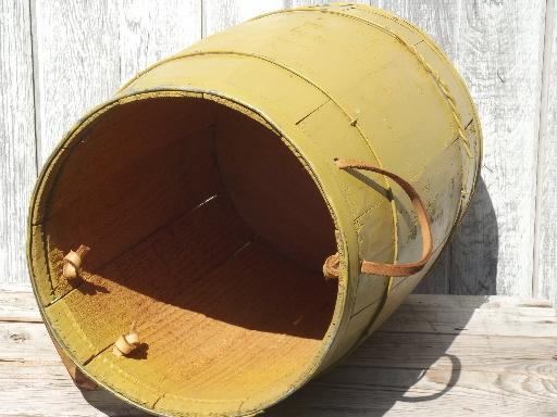 photo of vintage  wood barrel, wooden nail keg in primitive old mustard paint #6