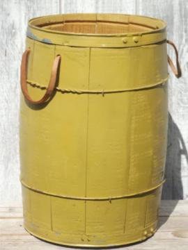 catalog photo of vintage  wood barrel, wooden nail keg in primitive old mustard paint