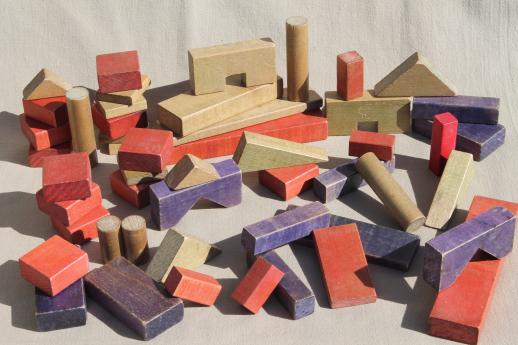 photo of vintage wood building blocks in print cotton bag Primary Block set Playskool toy blocks #2