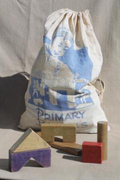 catalog photo of vintage wood building blocks in print cotton bag Primary Block set Playskool toy blocks