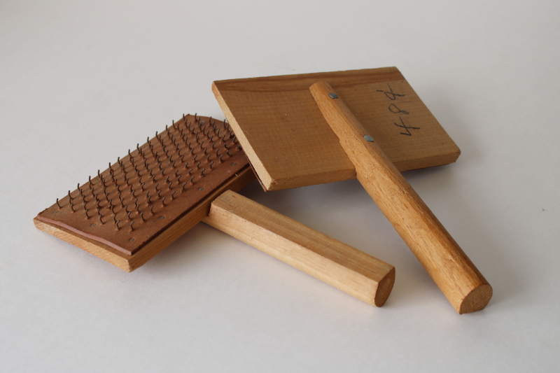 photo of vintage wood carding combs for wool fiber, never used w/ original 48 cent price  #1