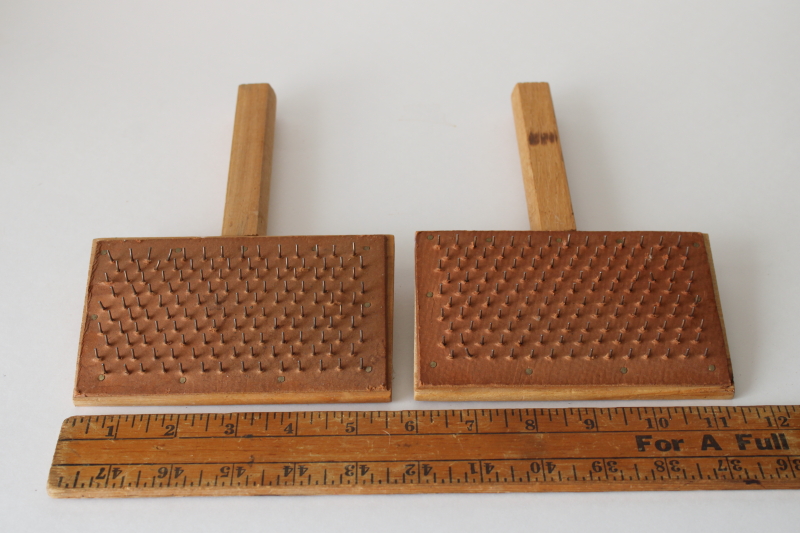 photo of vintage wood carding combs for wool fiber, never used w/ original 48 cent price  #3