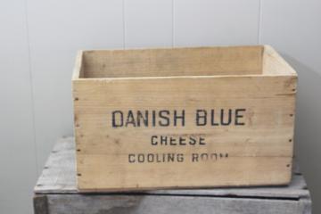 catalog photo of vintage wood cheese box, old Danish Blue Cheese crate from Denmark