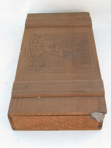 photo of vintage wood chocolate box full old wooden game parts, altered art lot #10