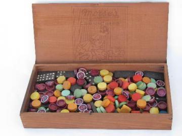 catalog photo of vintage wood chocolate box full old wooden game parts, altered art lot