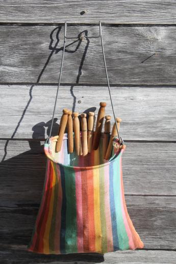 photo of vintage wood clothespins in old cotton clothespin bag for laundry room or wash line #1