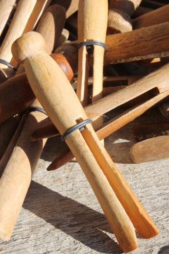 photo of vintage wood clothespins in old cotton clothespin bag for laundry room or wash line #5