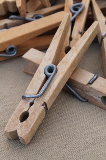 photo of vintage wood clothespins in old cotton clothespin bag for laundry room or wash line #3