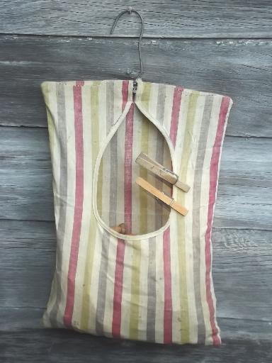 photo of vintage wood clothespins in old cotton clothespin bag for laundry room or wash line #1