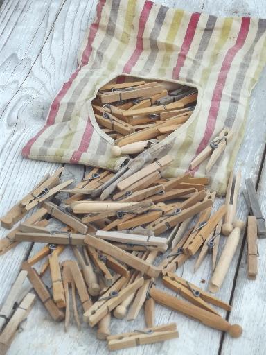 photo of vintage wood clothespins in old cotton clothespin bag for laundry room or wash line #3