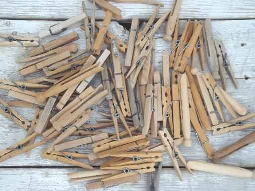 photo of vintage wood clothespins in old cotton clothespin bag for laundry room or wash line #4